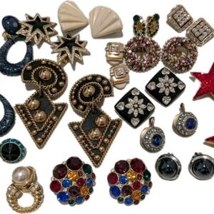 15 pairs Clip On EarringsCrystal, Enamel Gold Silver Tone Couture Rare Lot